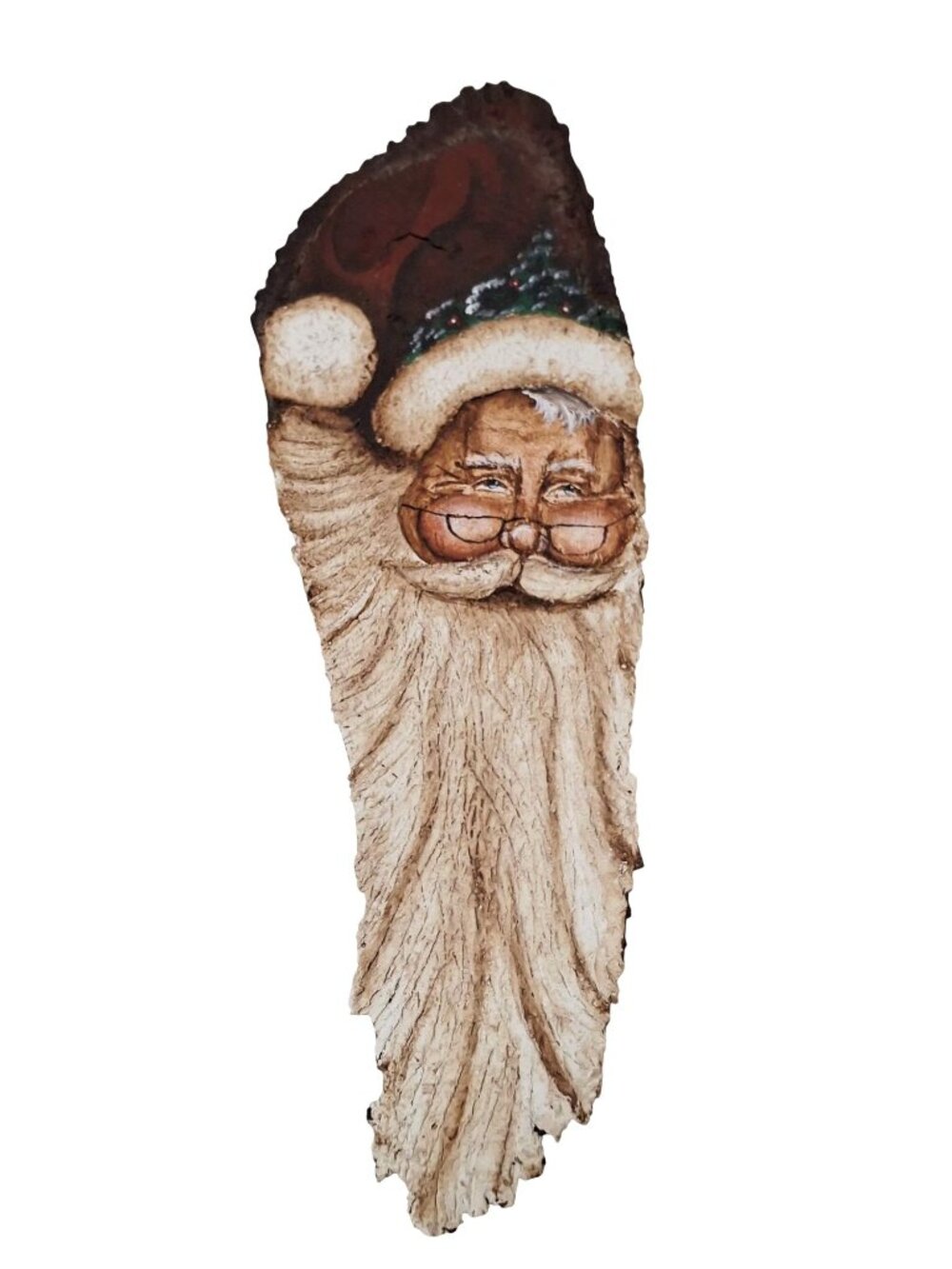 Hand-Carved Santa Claus Face On Rustic Bark Wall Hanging Decoration